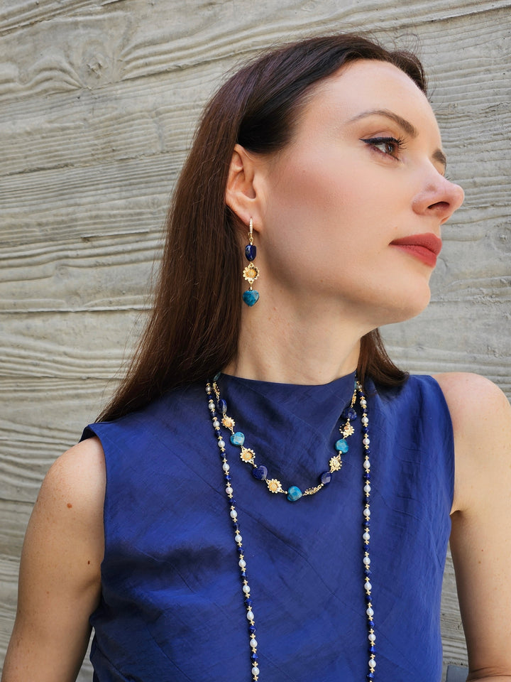 White Pearls And Blue Lapis Versatile Long Necklace PN032