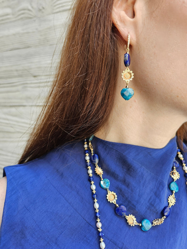 Heart-Shaped Lapis and Apatite Flower Dangle Earrings PE025