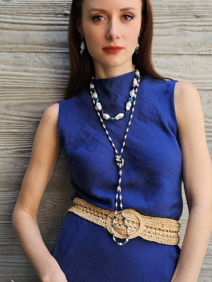 White Pearls And Blue Lapis Versatile Long Necklace PN032