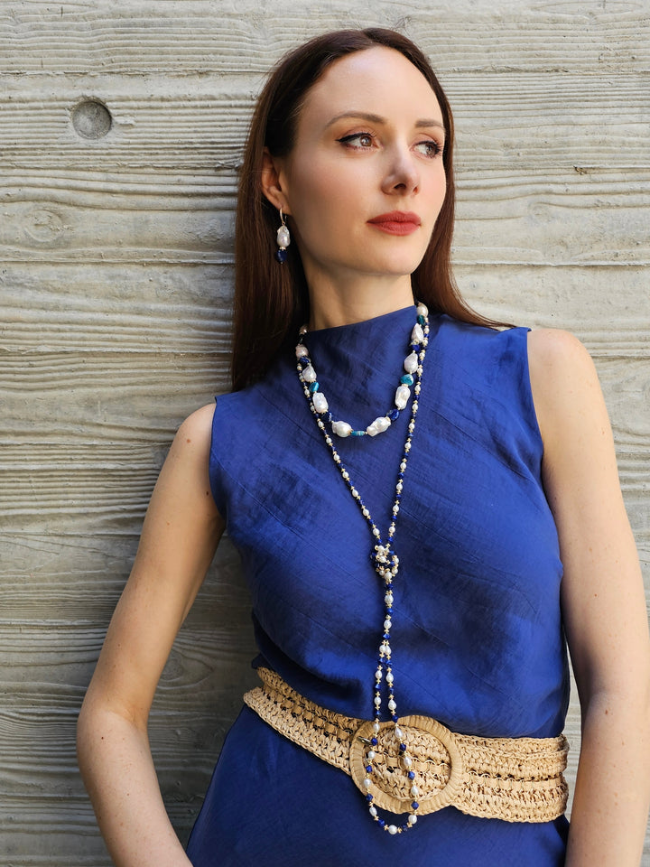 White Pearls And Blue Lapis Versatile Long Necklace PN032