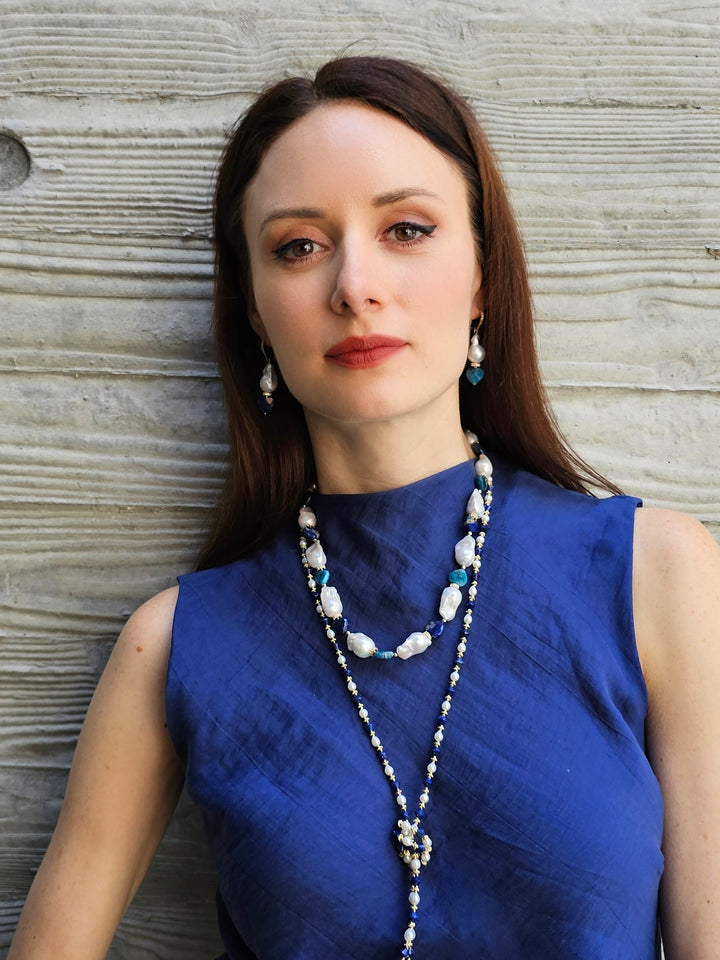 Baroque Pearls With Heart Shaped Lapis And Apatite Gorgeous Necklace PN035