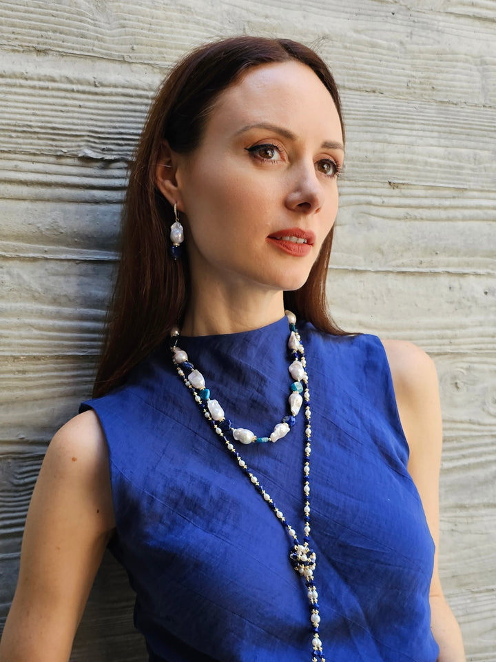 Baroque Pearls With Heart Shaped Lapis And Apatite Gorgeous Necklace PN035