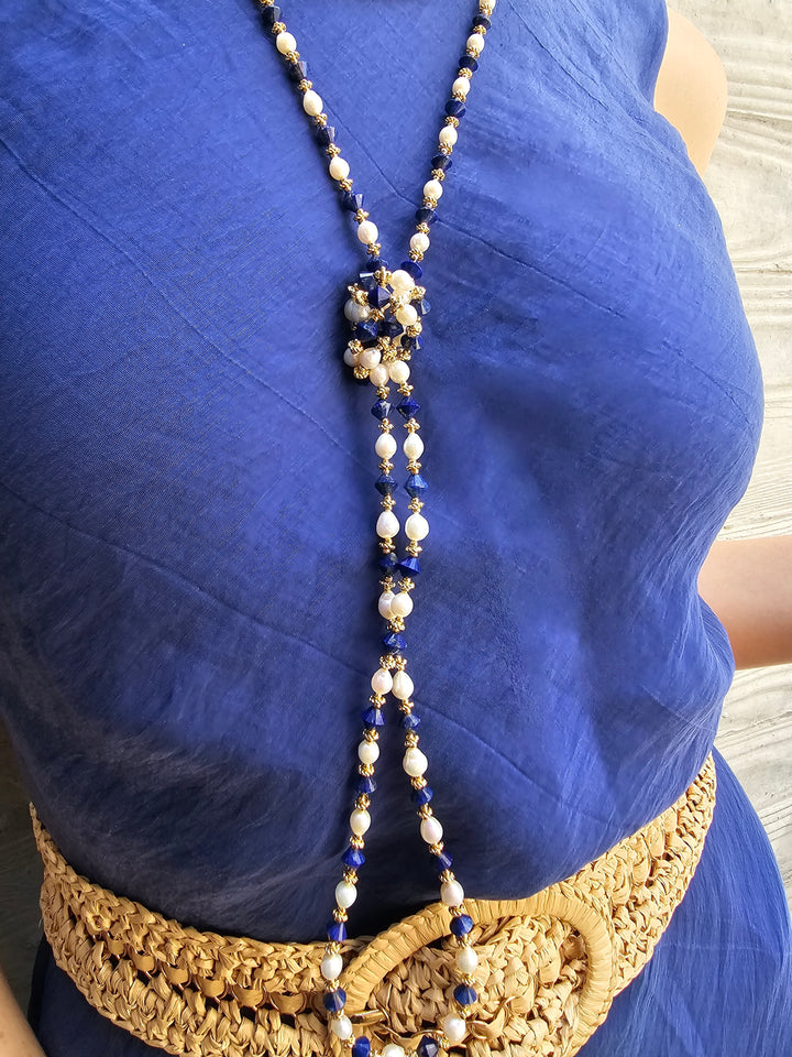 White Pearls And Blue Lapis Versatile Long Necklace PN032