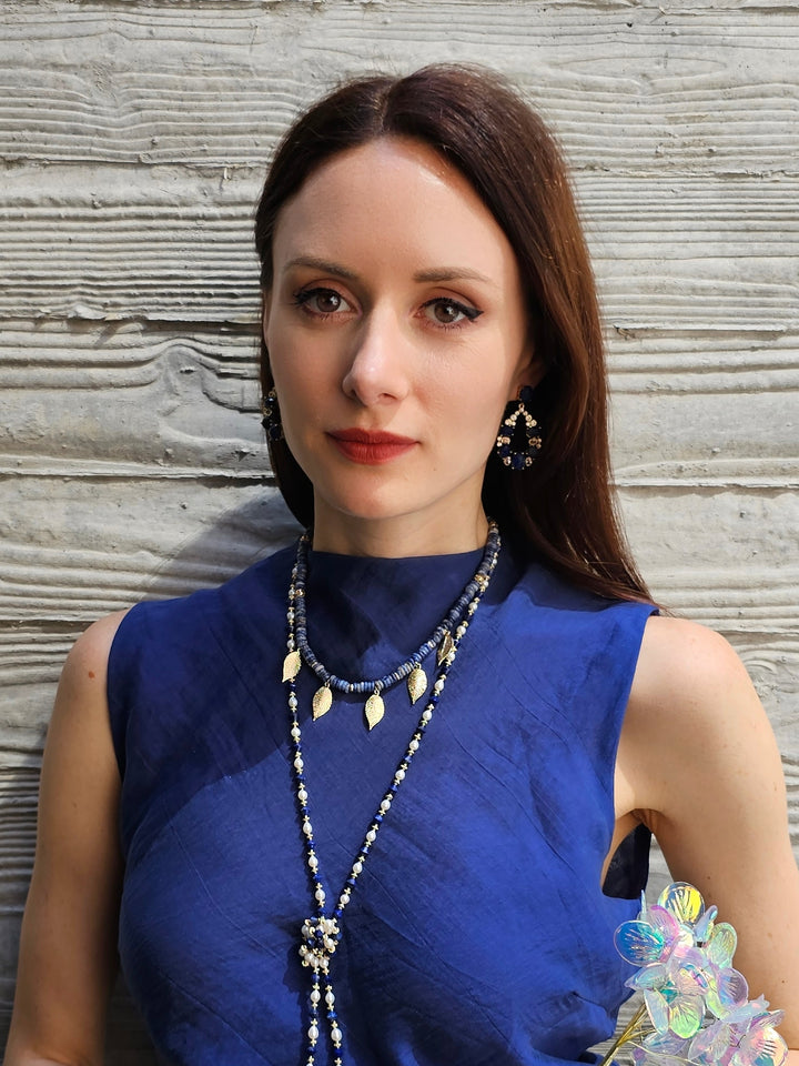 Bohemian Style Sodalite With Leaves Charms Statement Necklace PN030