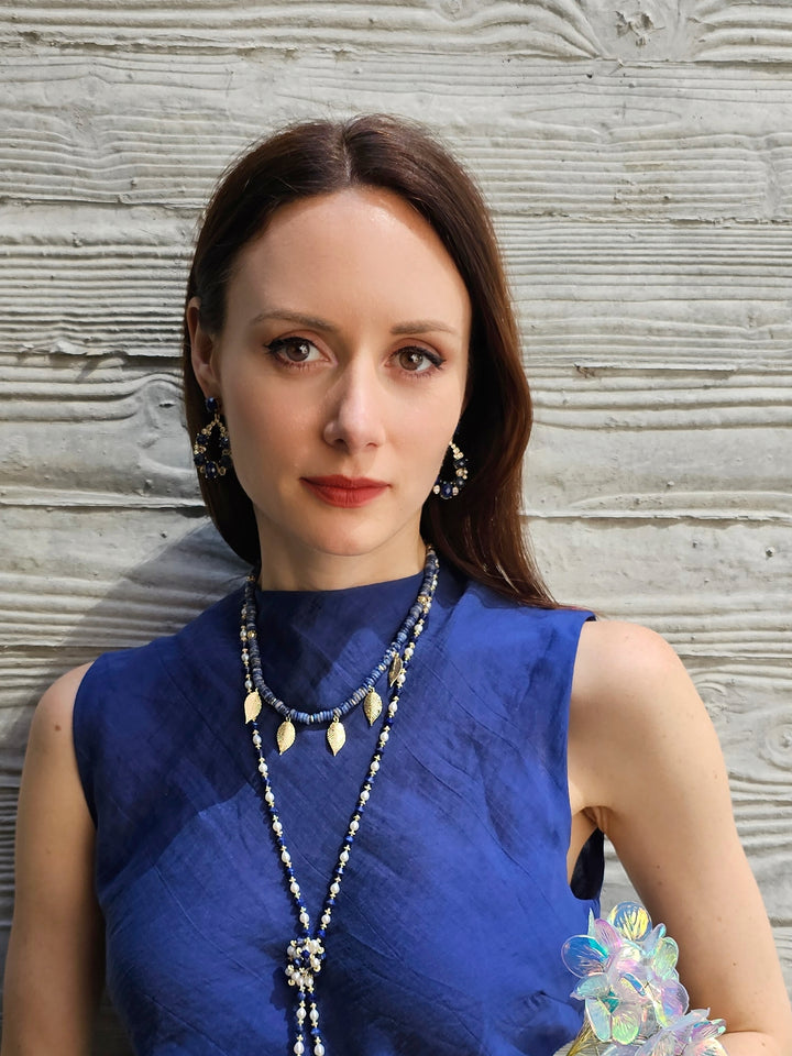 Bohemian Style Sodalite With Leaves Charms Statement Necklace PN030