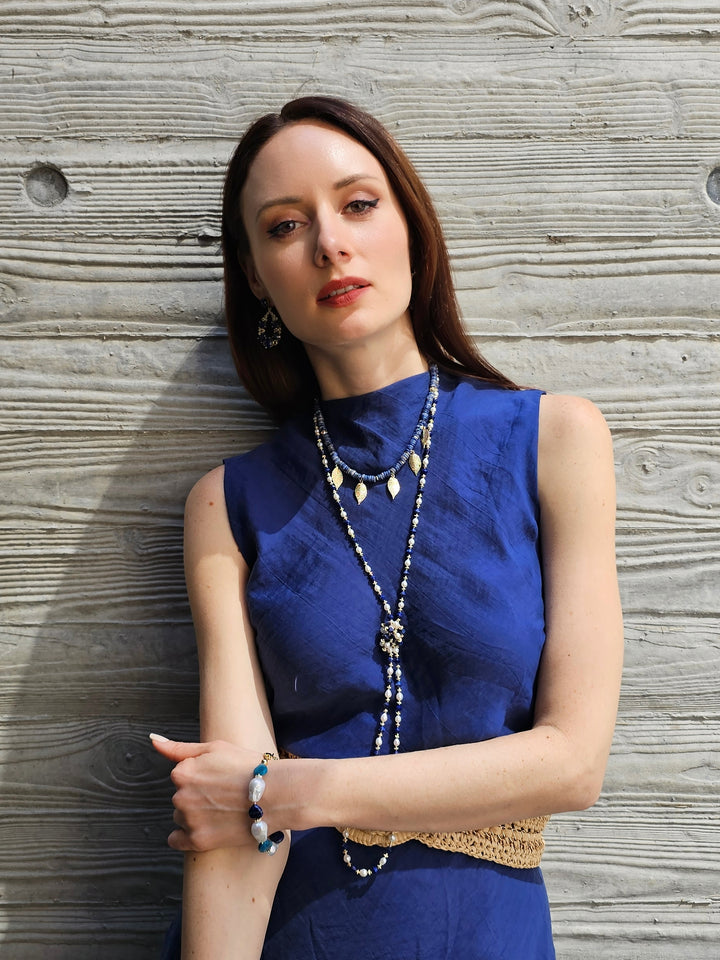 Bohemian Style Sodalite With Leaves Charms Statement Necklace PN030