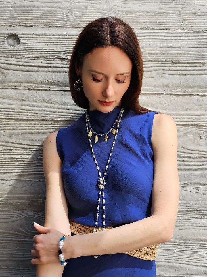 Bohemian Style Sodalite With Leaves Charms Statement Necklace PN030
