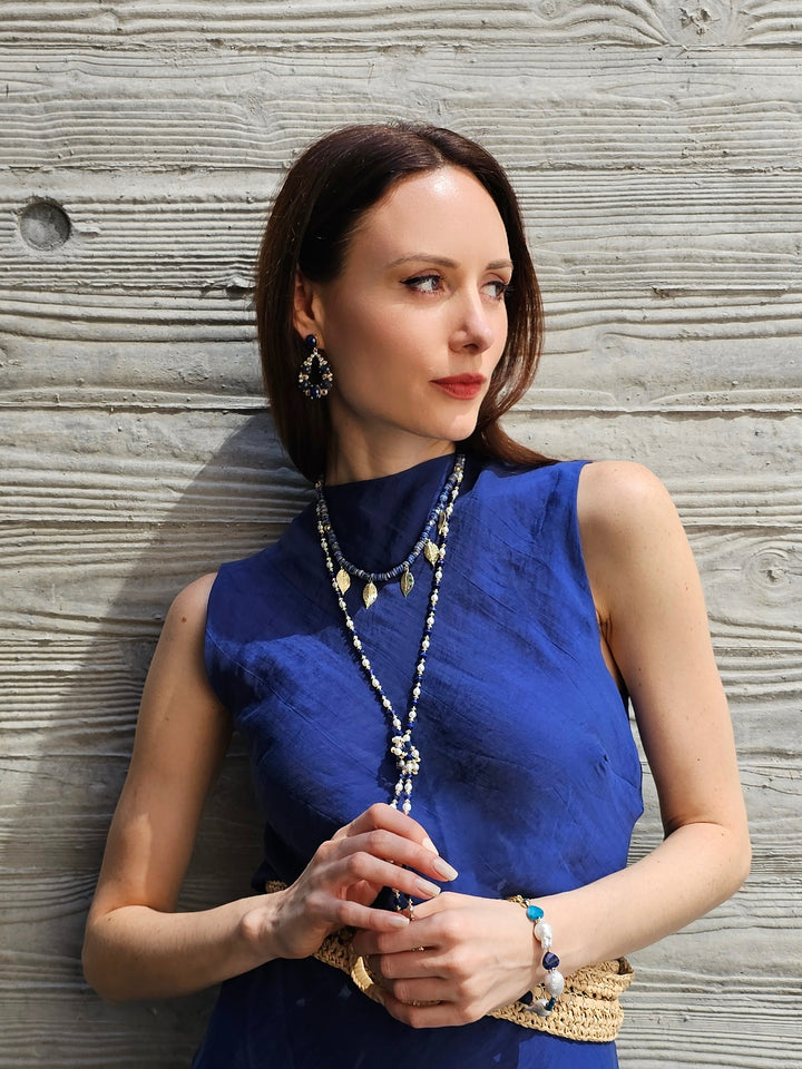 Bohemian Style Sodalite With Leaves Charms Statement Necklace PN030