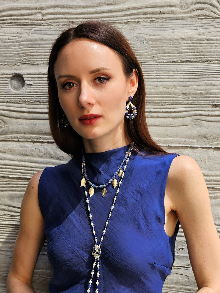 Bohemian Style Sodalite With Leaves Charms Statement Necklace PN030