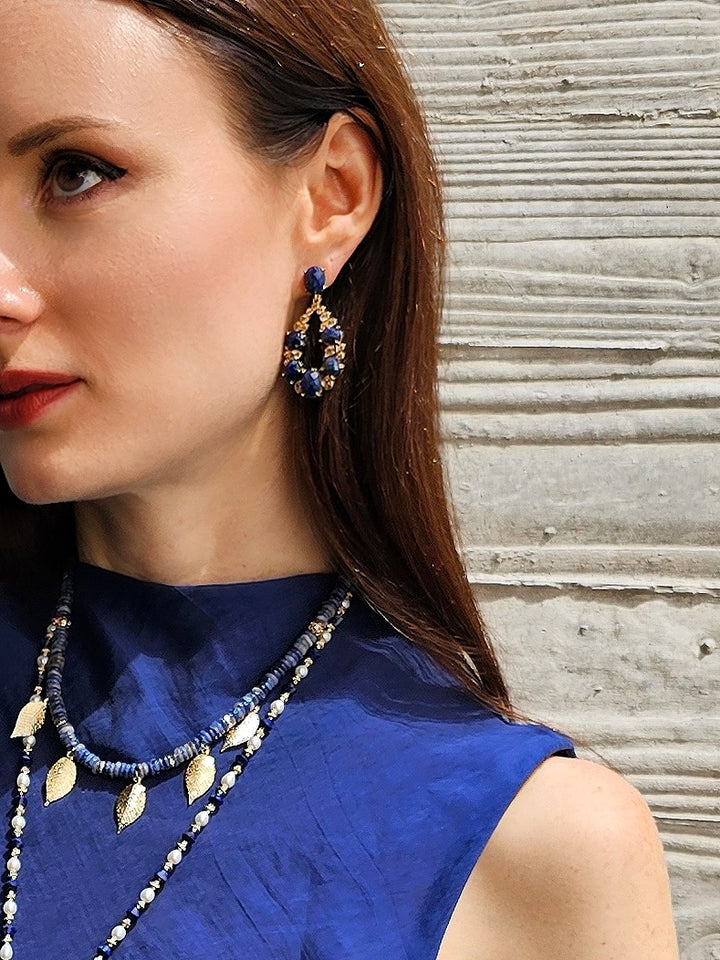 Bohemian Style Sodalite With Leaves Charms Statement Necklace PN030