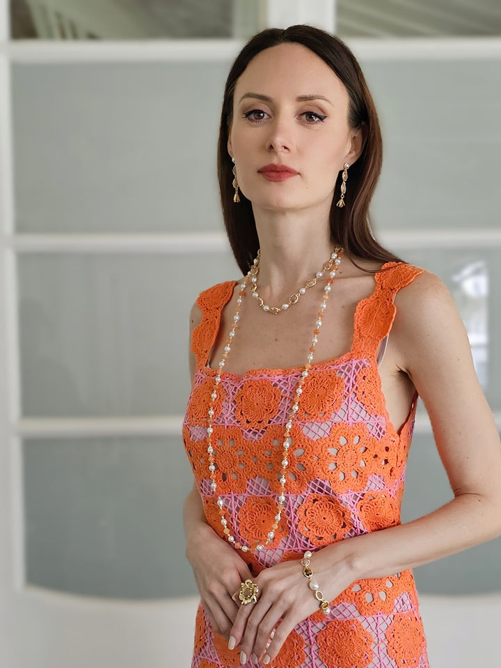 Freshwater pearls With Orange Moonstone Statement Necklace PN044