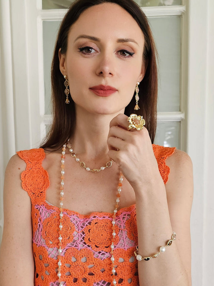 Gold Flower With Orange Moonstone Setting Cocktail Ring PR016
