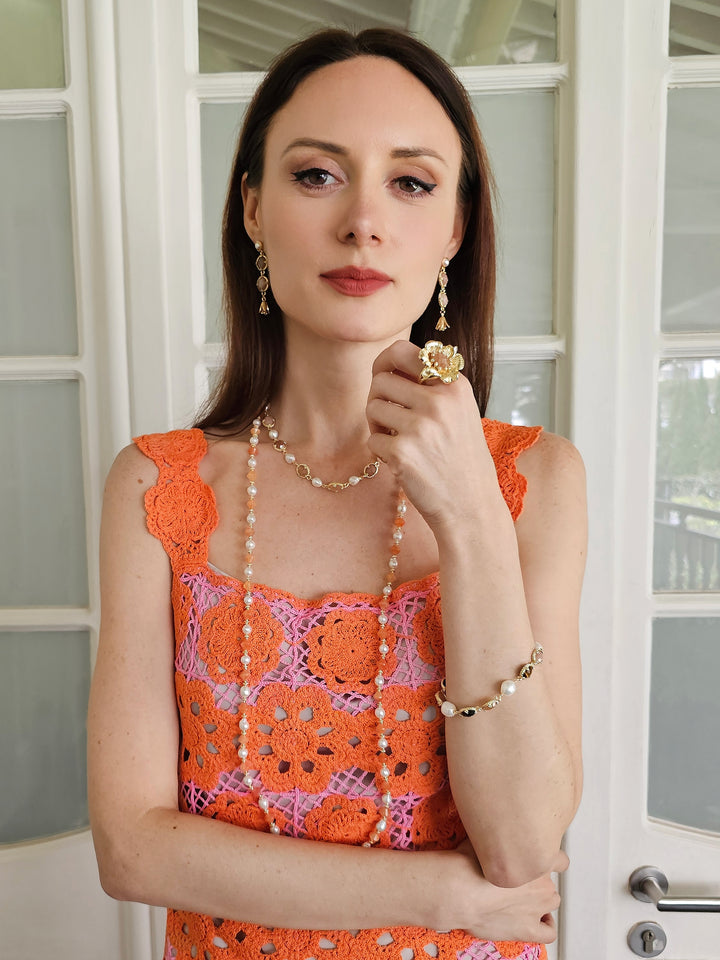 Freshwater Pearls With Orange Jade Long Necklace PN048