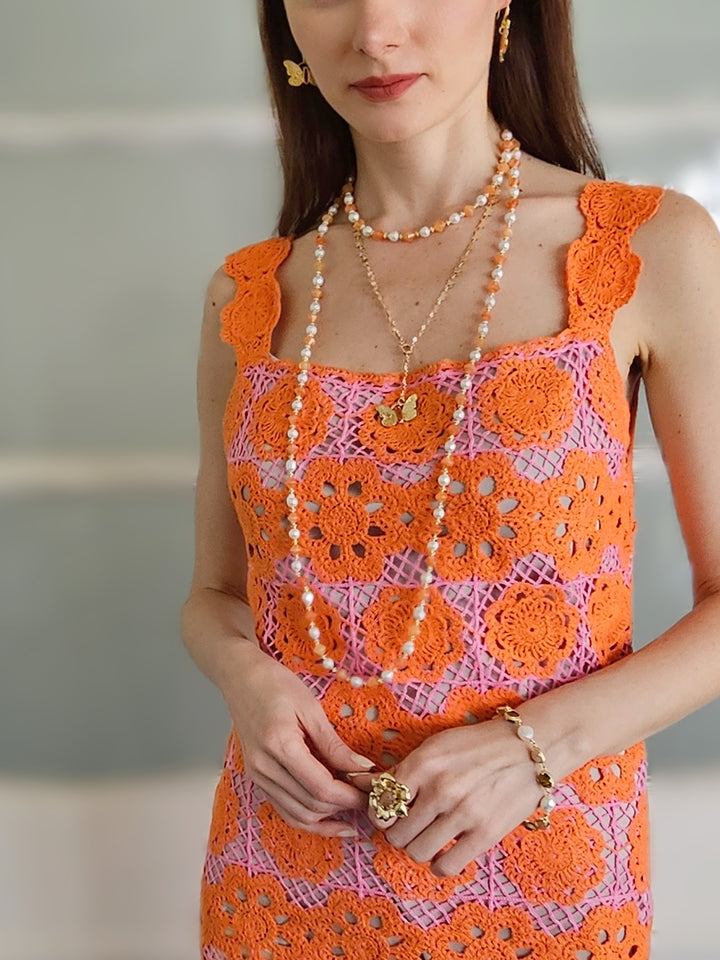 Freshwater Pearls With Orange Jade Long Necklace PN048