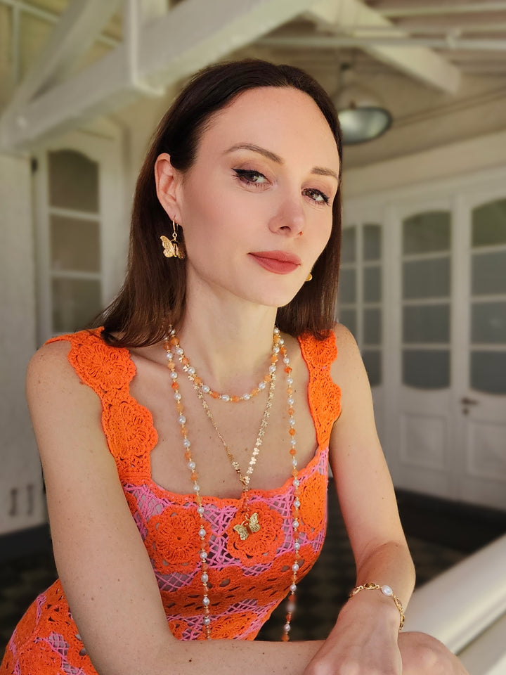 Freshwater Pearls With Orange Jade Long Necklace PN048