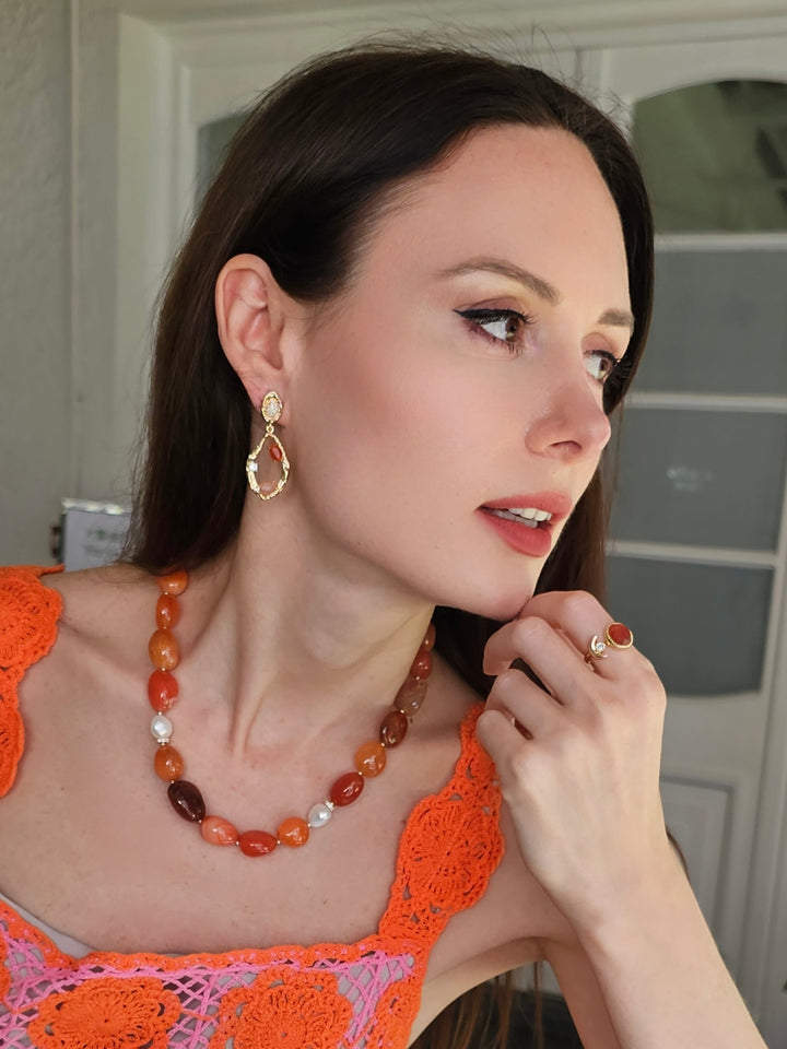 Nugget Red Agate With freshwater Pearls Necklace PN046