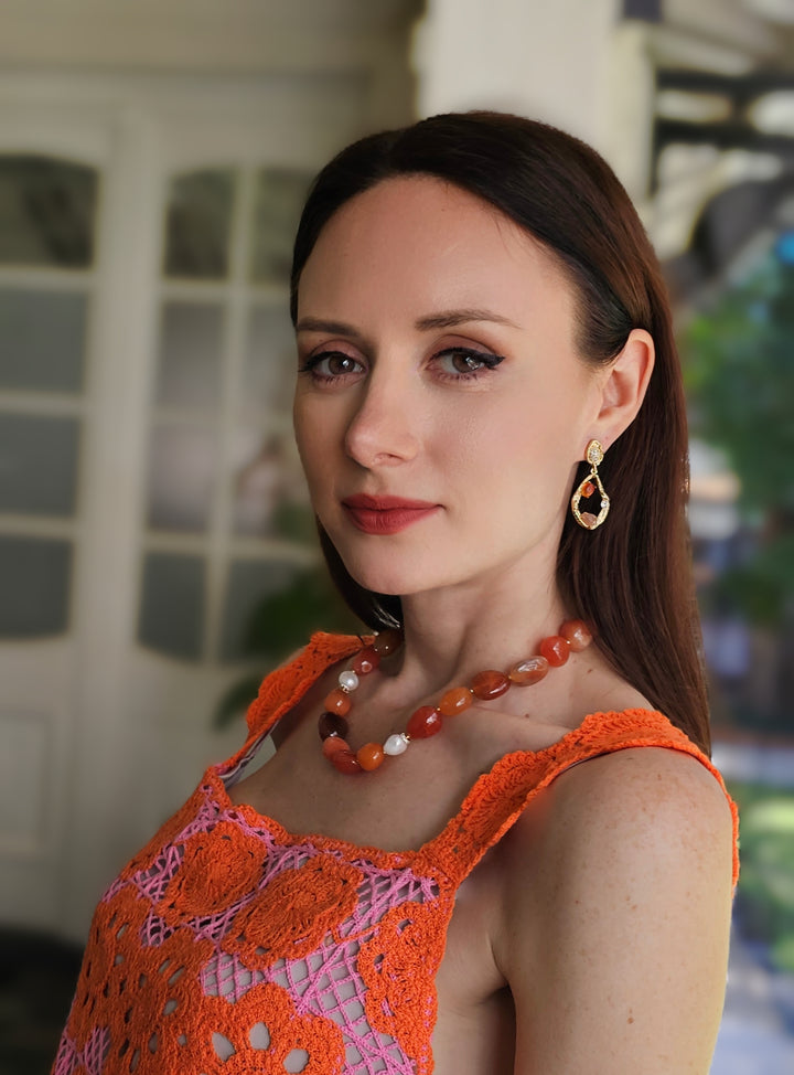 Nugget Red Agate With freshwater Pearls Necklace PN046