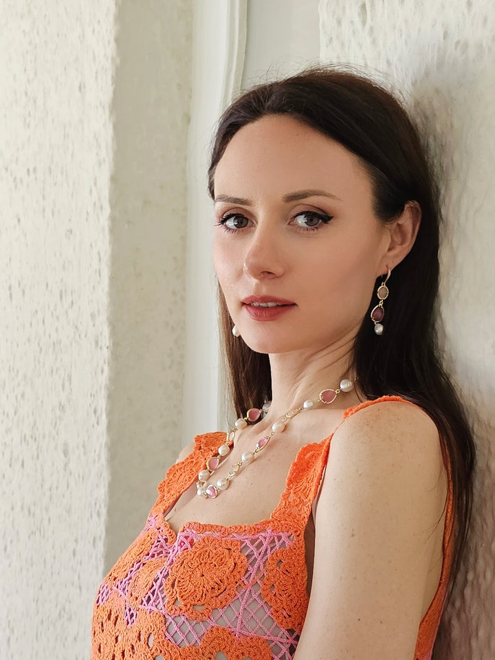 Pink Gemstone With Freshwater Pearls Elegant Necklace PN051