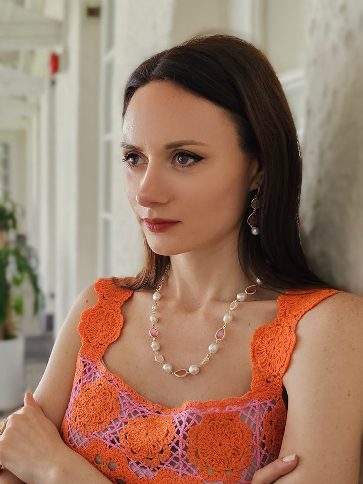 Pink Gemstone With Freshwater Pearls Elegant Necklace PN051