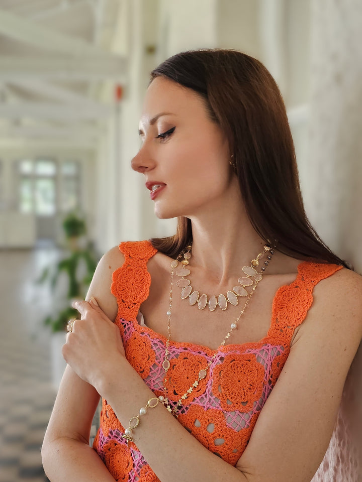 Butterfly Pendant With Rose Quartz Stones Long Necklace PN037