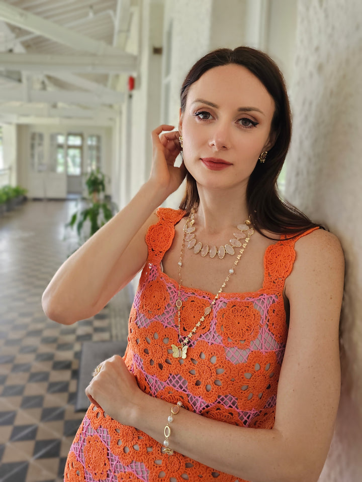 Rose Quartz With Flower Chain Statement Necklace PN038