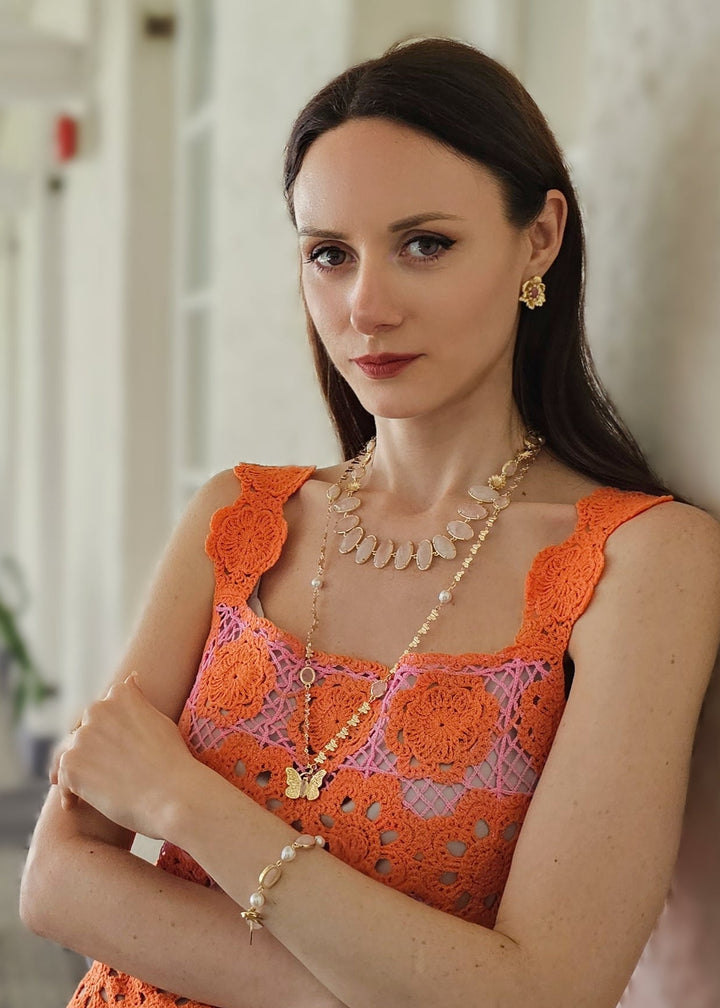 Butterfly Pendant With Rose Quartz Stones Long Necklace PN037