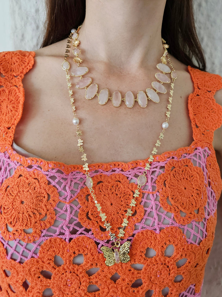 Butterfly Pendant With Rose Quartz Stones Long Necklace PN037