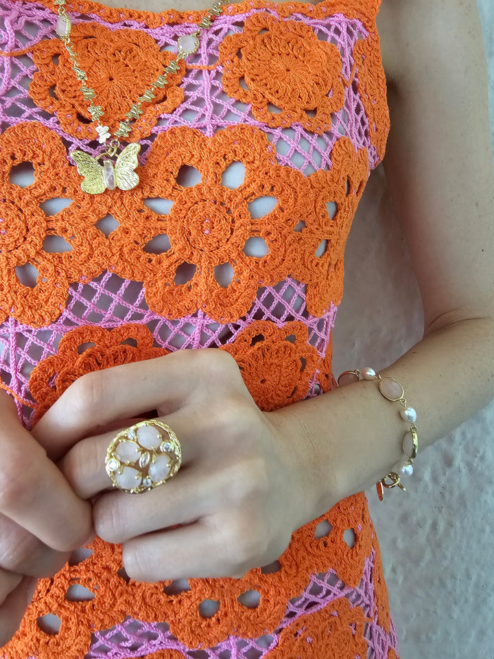 Rose Quartz With Zircon Setting Statement Ring PR014