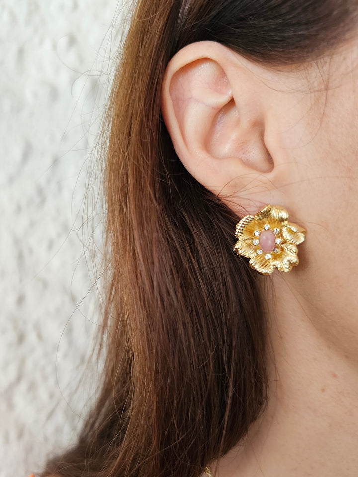 Rhodonite Stone Flower Setting Statement Stud Earrings PE037