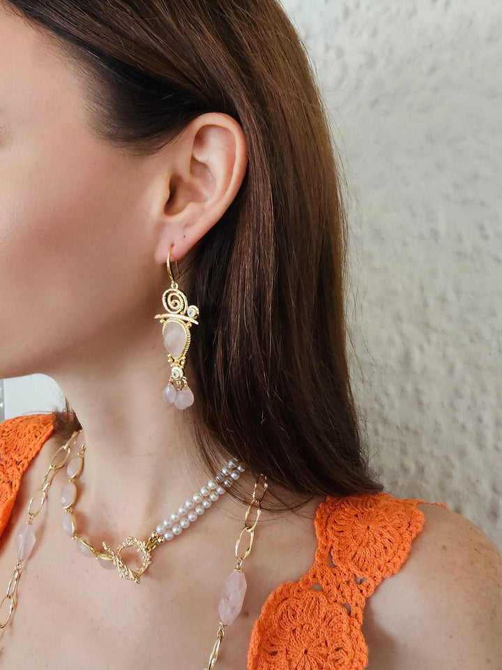 Bohemian Pink Rose Quartz Chandelier Earrings PE028