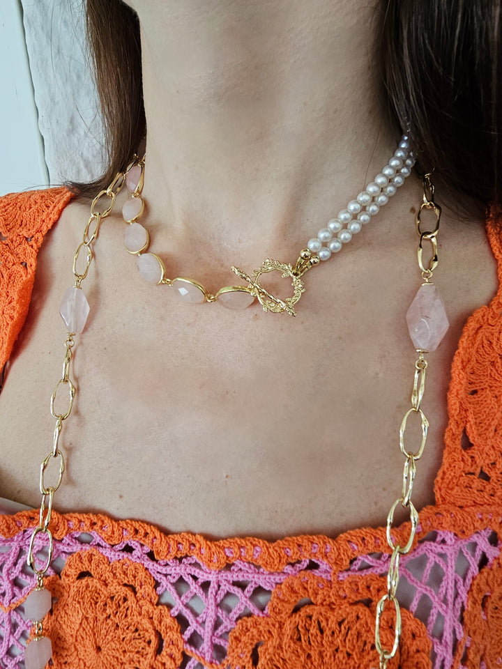 Rose Quartz And Freshwater Pearls Versatile Necklace PN041