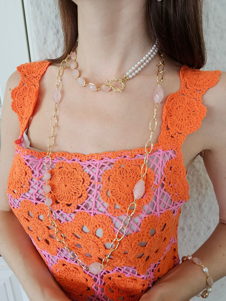 Rose Quartz And Freshwater Pearls Versatile Necklace PN041