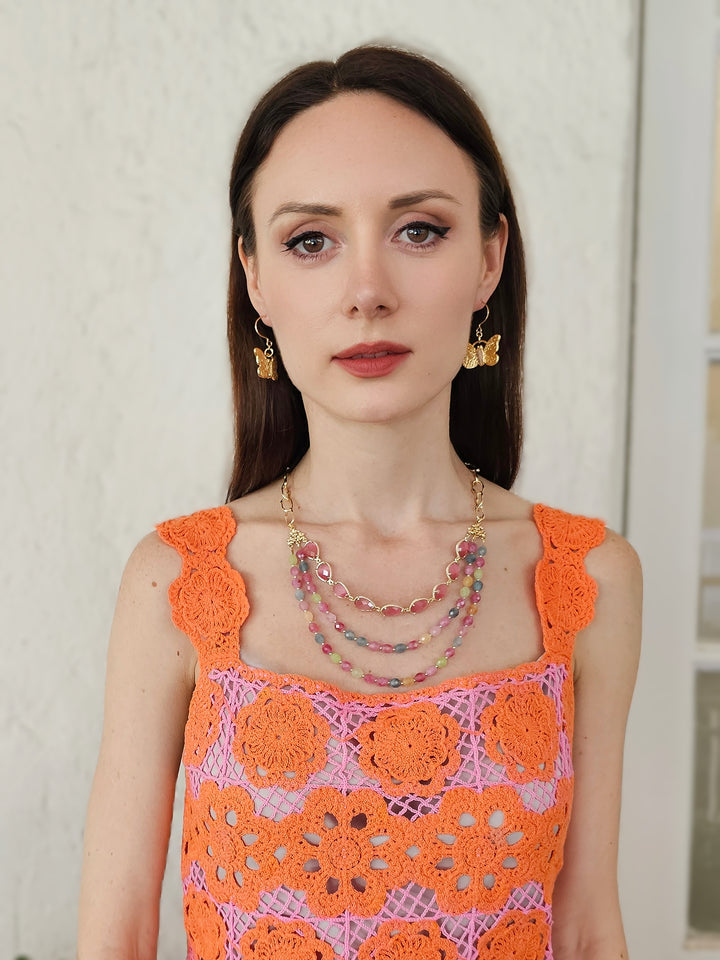 Pink Opal And Tourmaline Layers Statement Necklace PN050