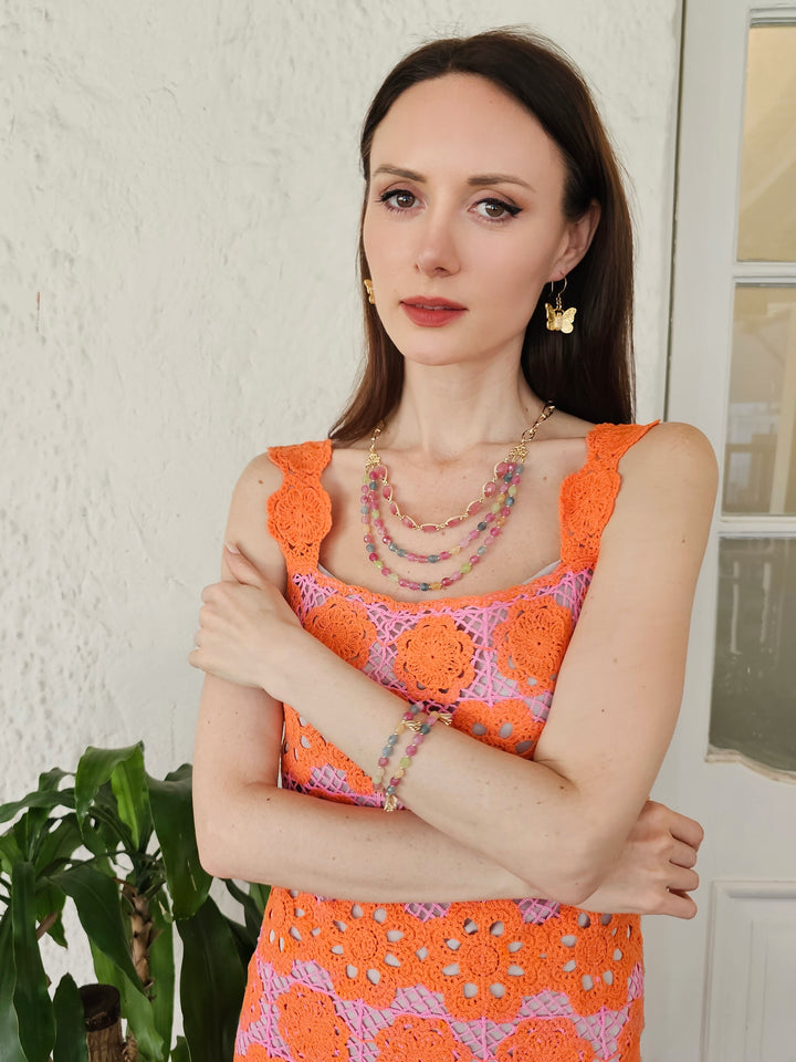 Pink Opal And Tourmaline Layers Statement Necklace PN050