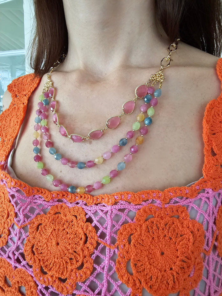 Pink Opal And Tourmaline Layers Statement Necklace PN050