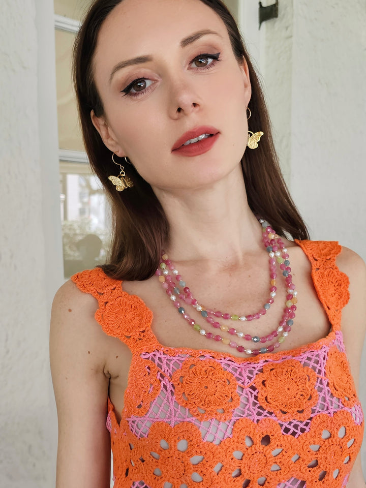 Gold Butterfly with Rose Quartz Stone Earrings PE027
