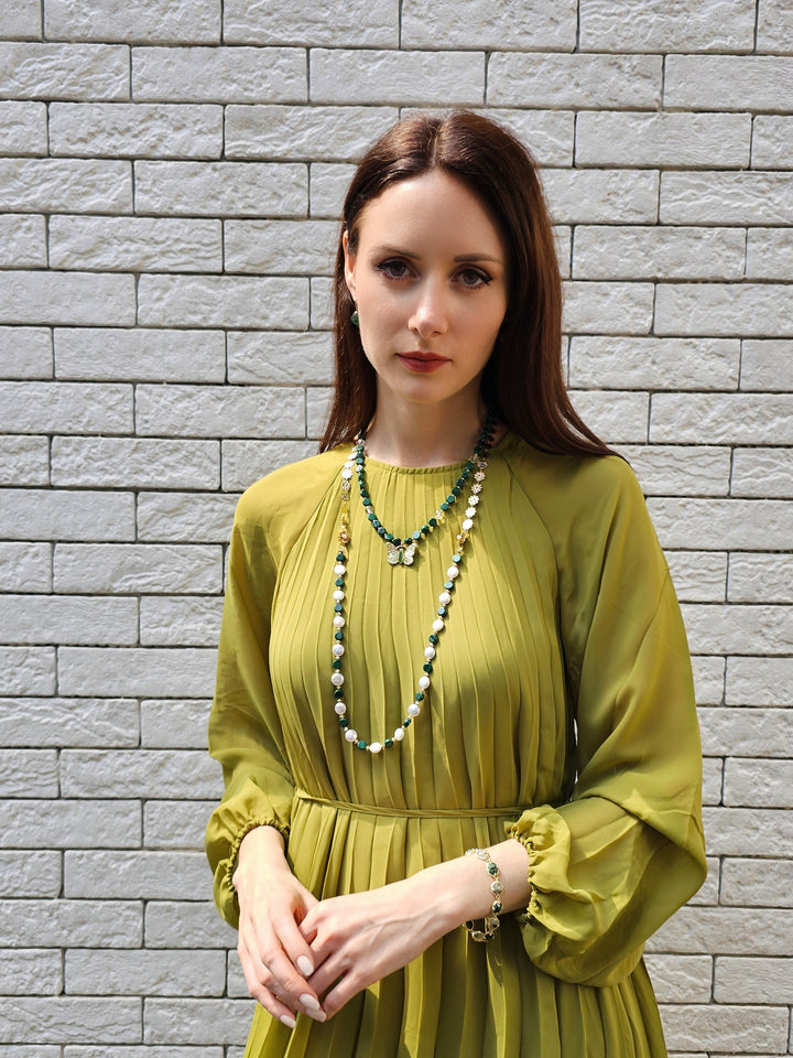 Coin Shaped Malachite And Freshwater Pearls With Flower Chain Versatile Necklace PN059