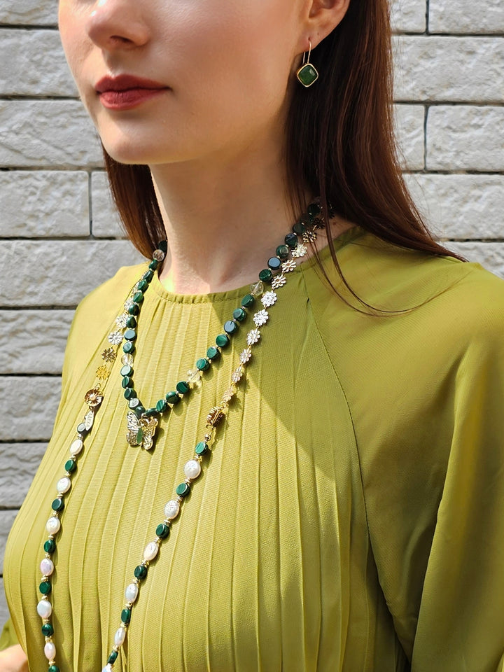 Coin Shaped Malachite And Freshwater Pearls With Flower Chain Versatile Necklace PN059