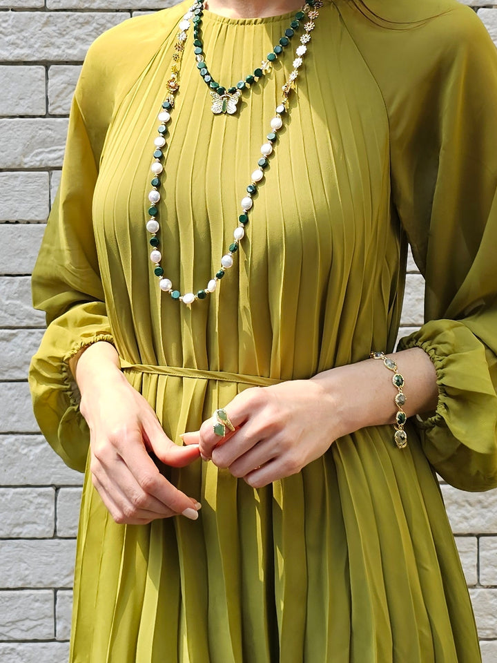 Coin Shaped Malachite And Freshwater Pearls With Flower Chain Versatile Necklace PN059