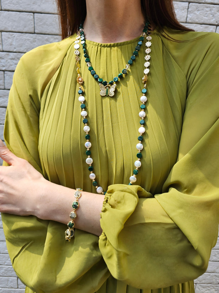 Coin Shaped Malachite And Freshwater Pearls With Flower Chain Versatile Necklace PN059