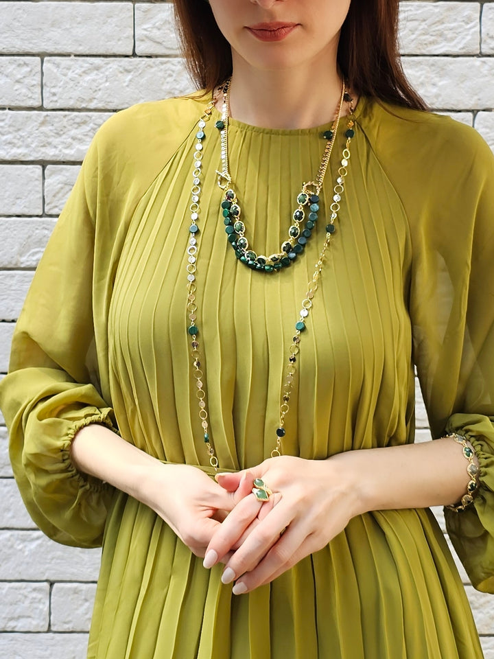 Round Shaped Gold Chain With Malachite Long Necklace PN062