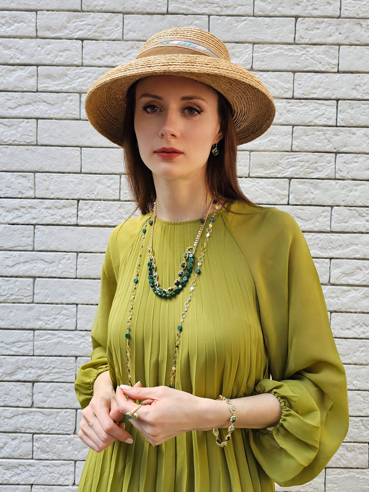 Round Shaped Gold Chain With Malachite Long Necklace PN062