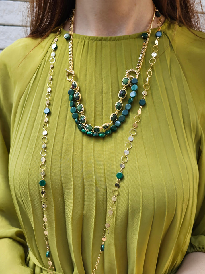 Round Shaped Gold Chain With Malachite Long Necklace PN062