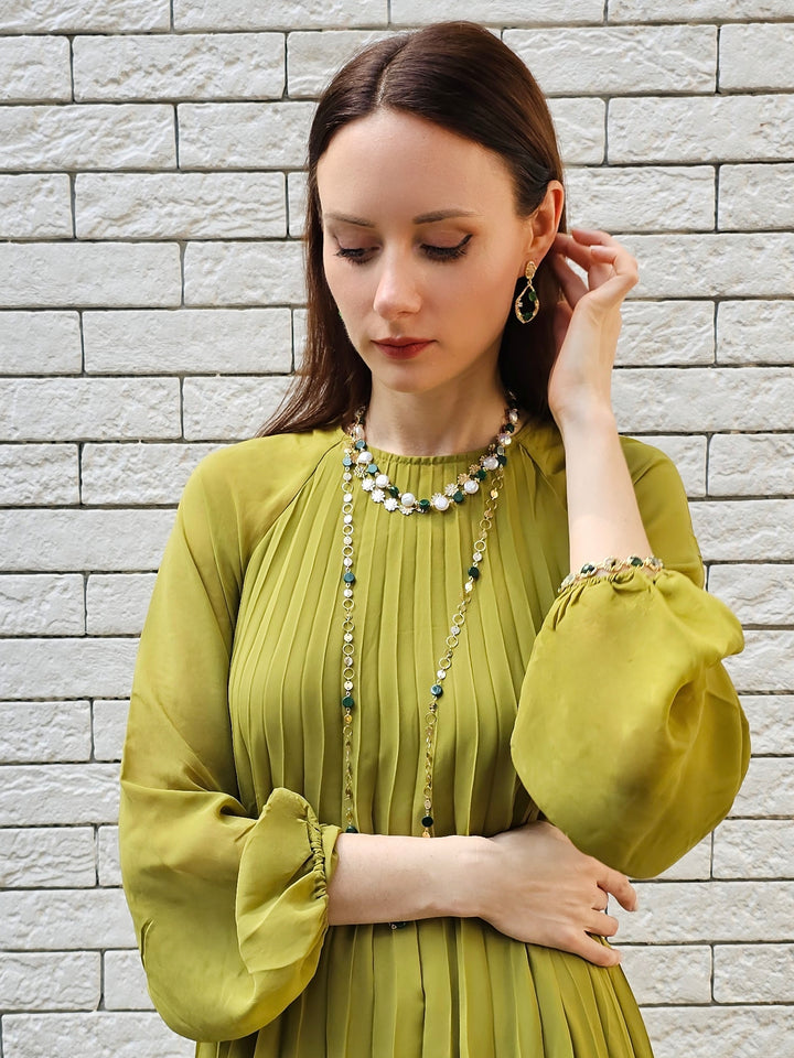 Coin Shaped Malachite And Freshwater Pearls With Flower Chain Versatile Necklace PN059