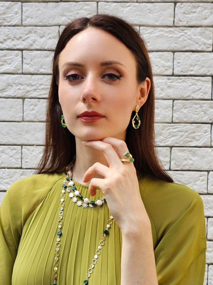 Green Agate Frame Dangle Statement Earrings PE045