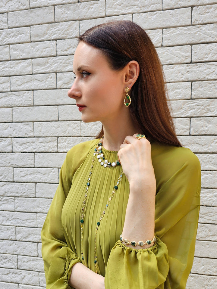 Green Agate Frame Dangle Statement Earrings PE045