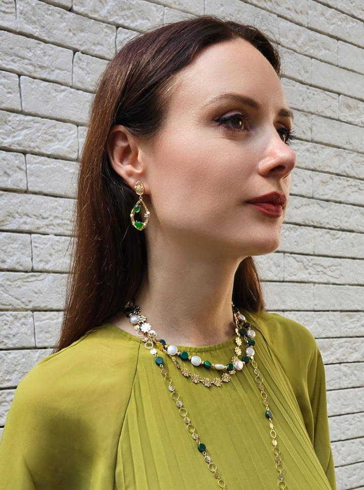 Coin Shaped Malachite And Freshwater Pearls With Flower Chain Versatile Necklace PN059