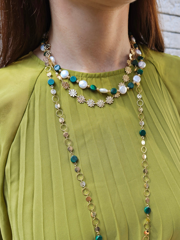 Coin Shaped Malachite And Freshwater Pearls With Flower Chain Versatile Necklace PN059