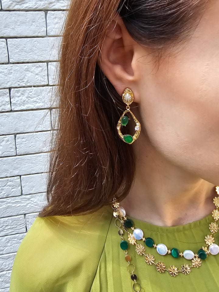 Green Agate Frame Dangle Statement Earrings PE045