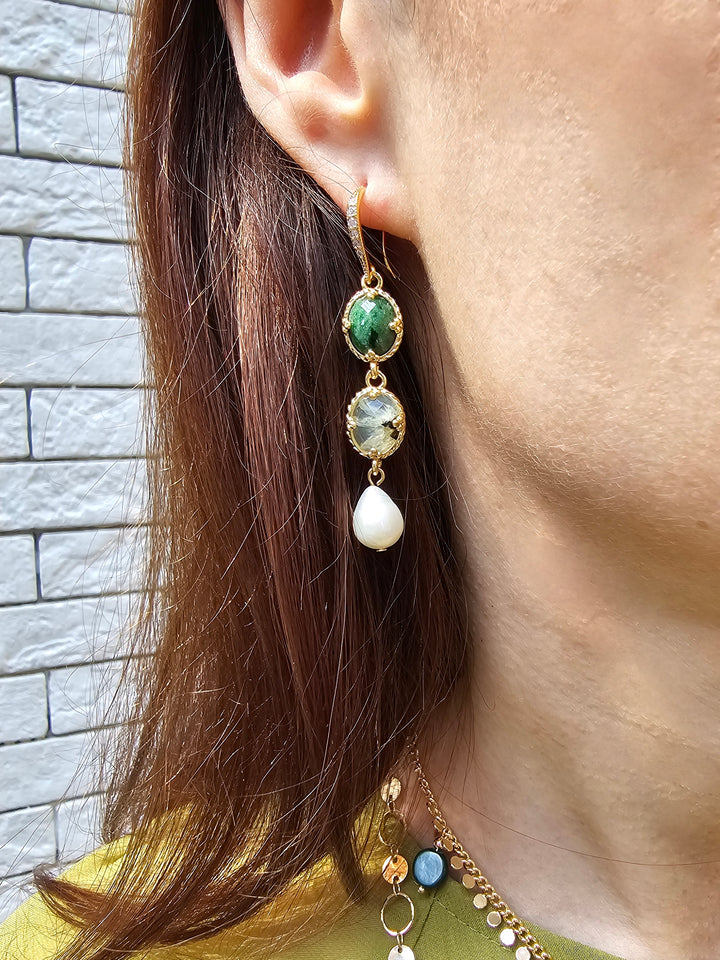 Green Gemstone With White Pearls Dangle Earrings PE043
